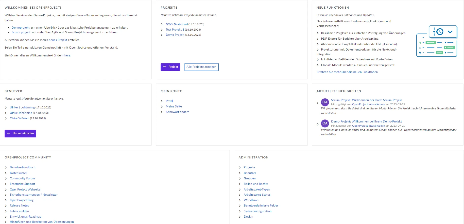 Übersicht über das Dashboard des Projekte-Moduls