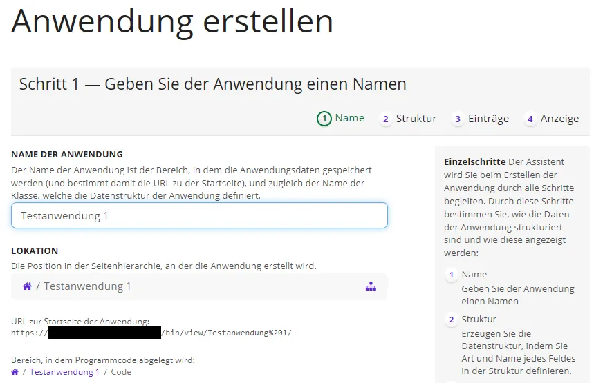 Die Namenseingabe für eine neue Anwendung sowie Anweisungen des Assistenten, der durch die weiteren Schritte führt