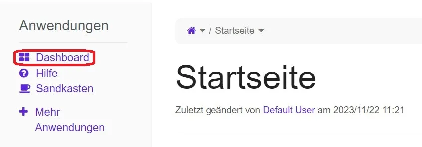 Dashboard auf der Startseite