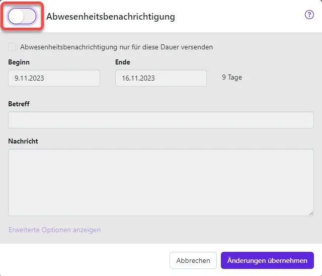 Das Fenster "Abwesenheitsbenachrichtigung"