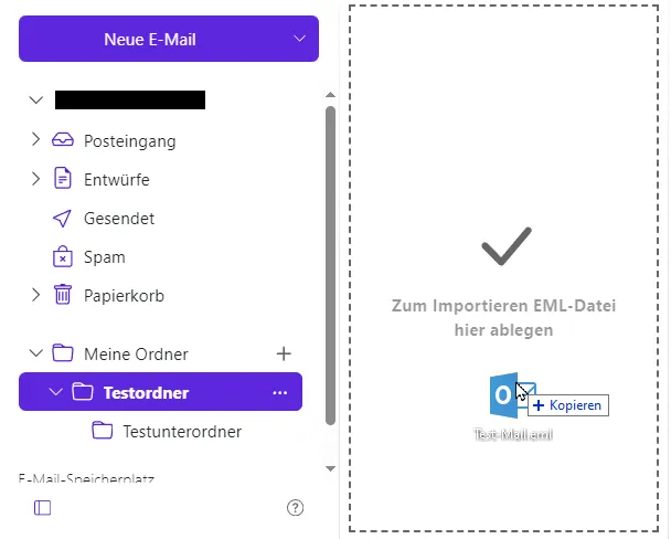 Eine E-Mail im eml-Format wird mit gedrückter Maustaste in einen Ordner importiert