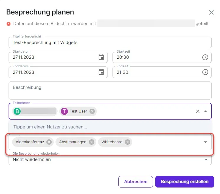 Widgets auswählen bei Besprechungsplanung