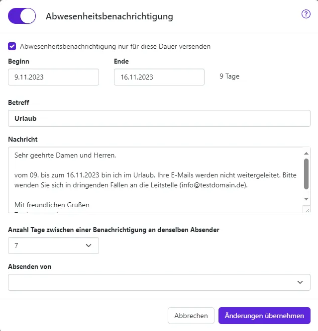 Betreff, Nachricht und erweiterte Optionen für Abwesenheitsbenachrichtigungen