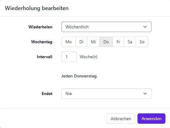 Termin anlegen, Wiederholung bearbeiten