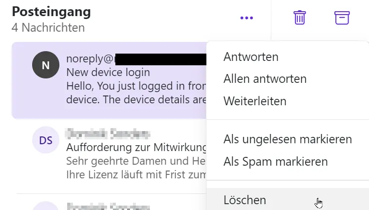 E-Mail löschen über Dropdown-Menü