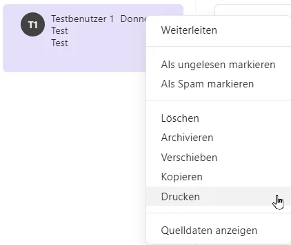 E-Mail drucken über das Dropdown-Menü in der E-Mail-Liste