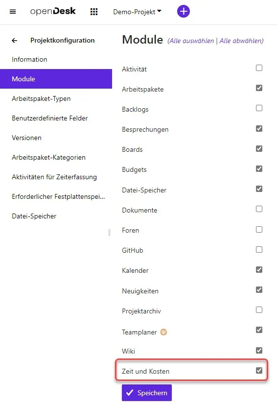 Modulauswahl der Projektkonfiguration - Zeit und Kosten ausgewählt