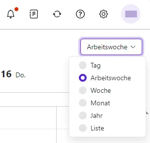 Kalender-Ansichtsauswahl- Arbeitswoche ist ausgewählt