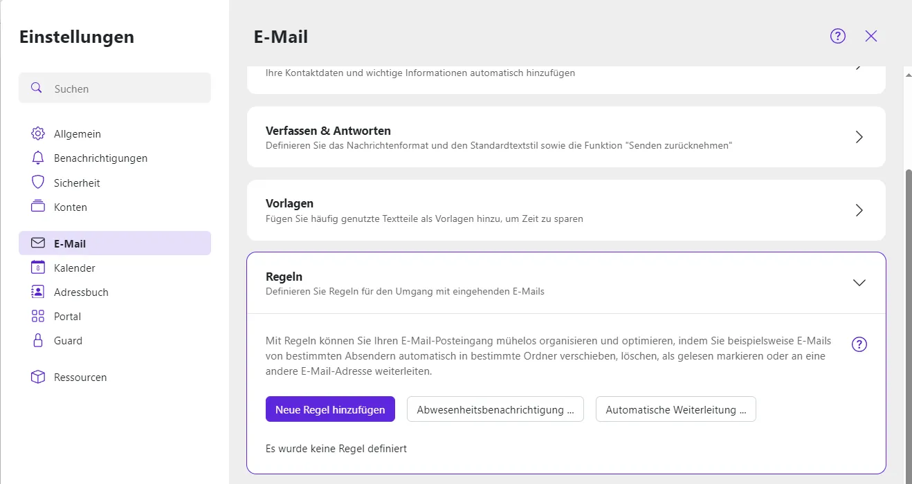 Der Reiter "Regeln" in den E-Mail-Einstellungen und die Schaltfläche "Neue Regel hinzufügen"