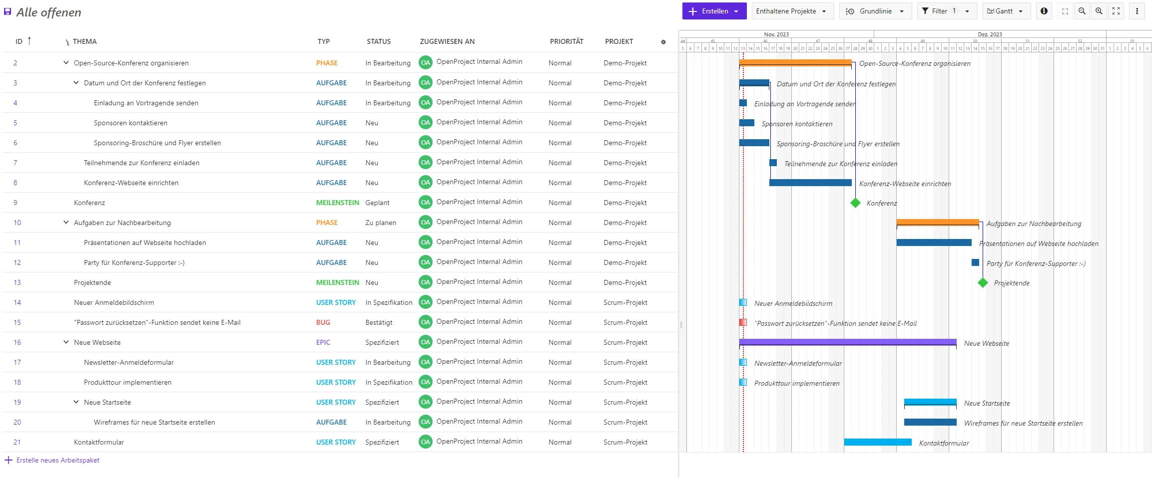 Gantt-Diagramm bearbeiten