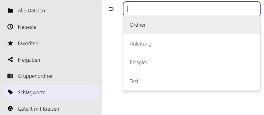 Die Dropdown-Liste mit verfügbaren Tags/Schlagwörtern