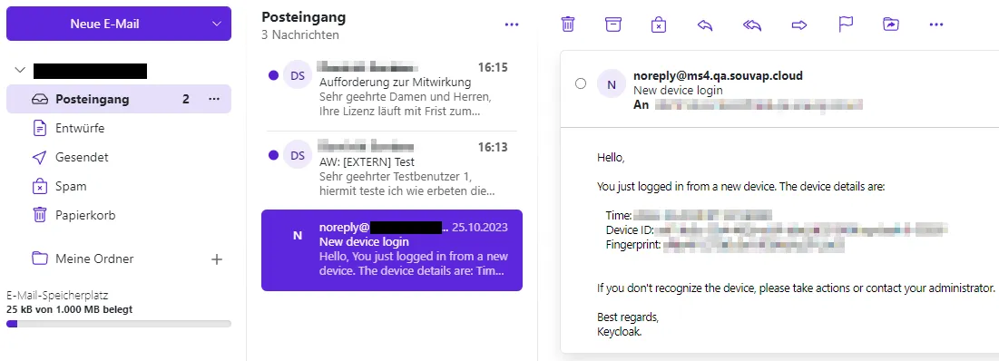 Übersicht über die verschiedenen Bereiche des E-Mail-Moduls