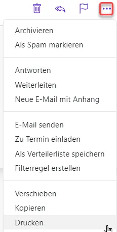 E-Mail drucken aus  dem Dropdown-Menü in der Detailansicht