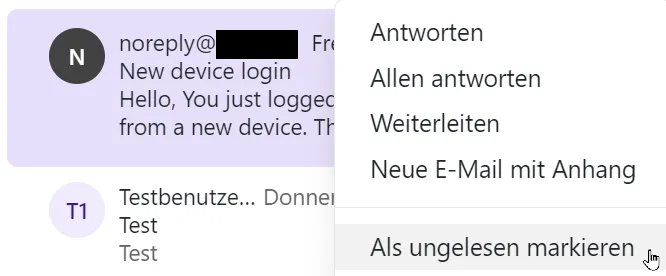 Als ungelesen markieren über das Dropdown-Menü (E-Mail-Liste)