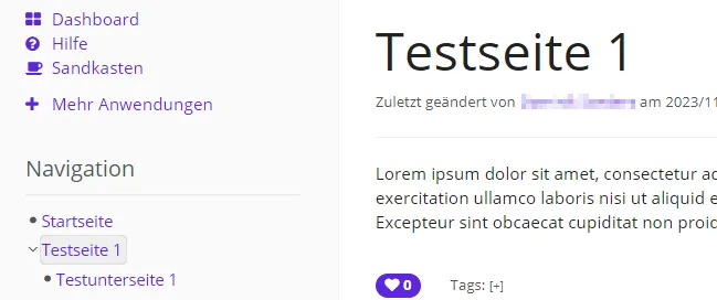 Testseite 1 ist geöffnet