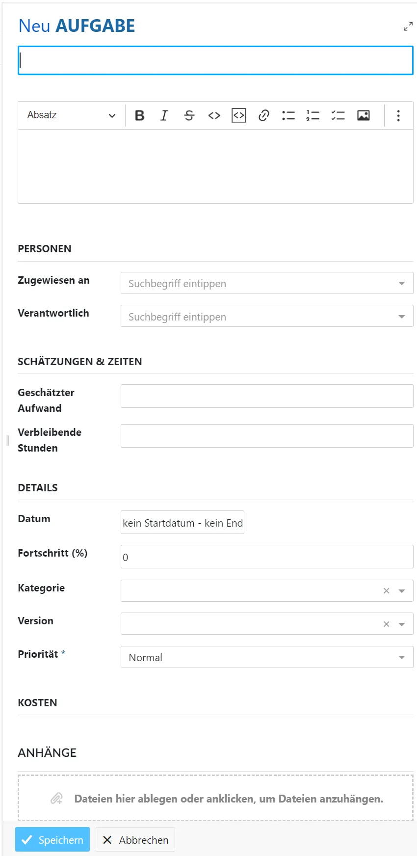 Formular Neue Aufgabe