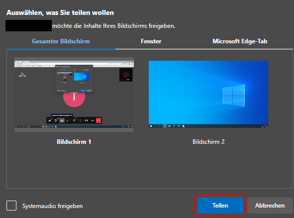 Fenster: Auswählen was Sie teilen wollen