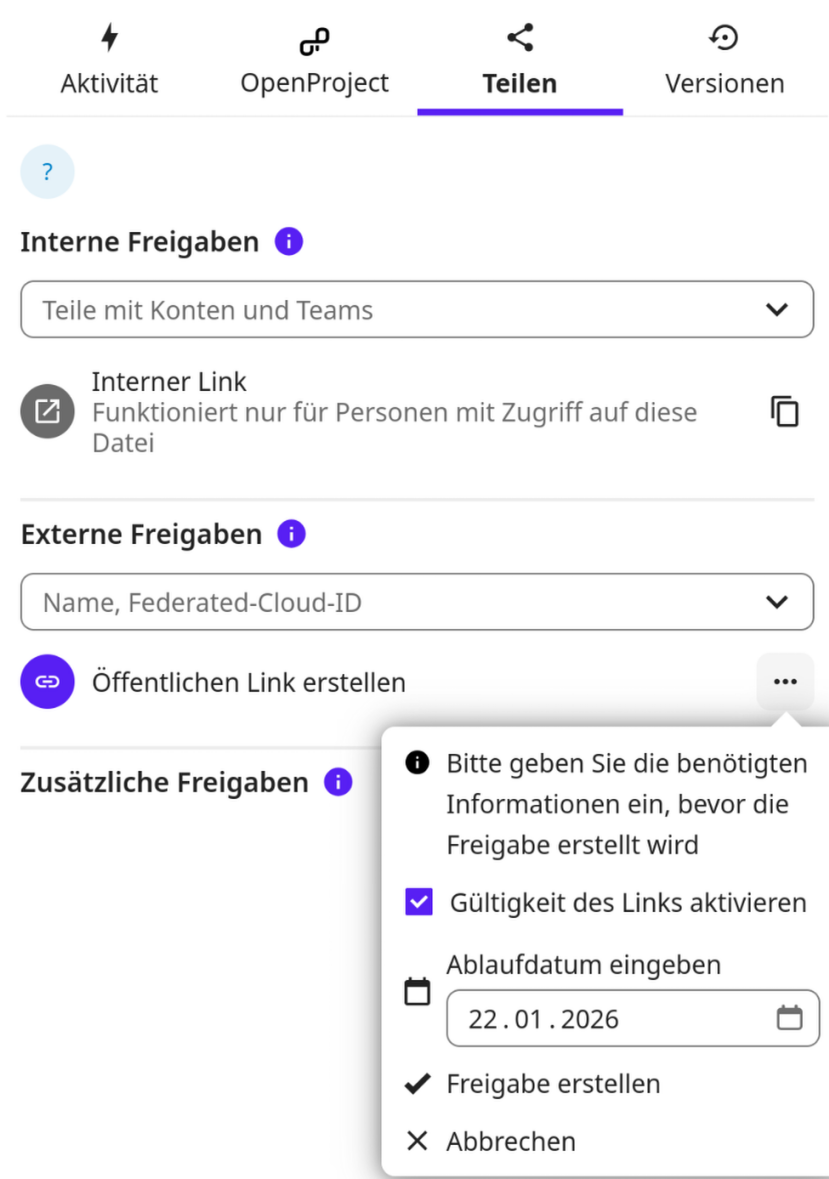 Dateien extern freigeben über Link - Freigabe erstellen