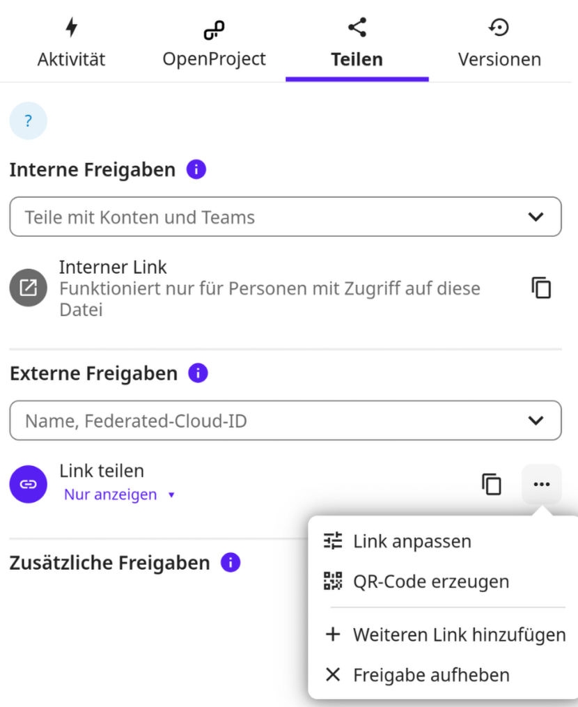 Dateien extern freigeben über Link - Menü