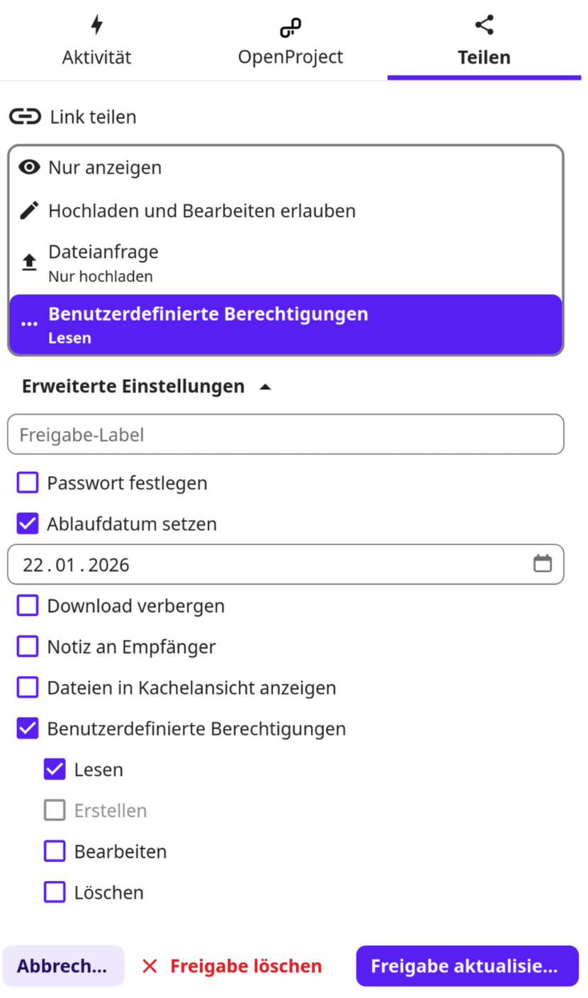 Dateien extern freigeben über Link - Berechtigungen anpassen - Ordner