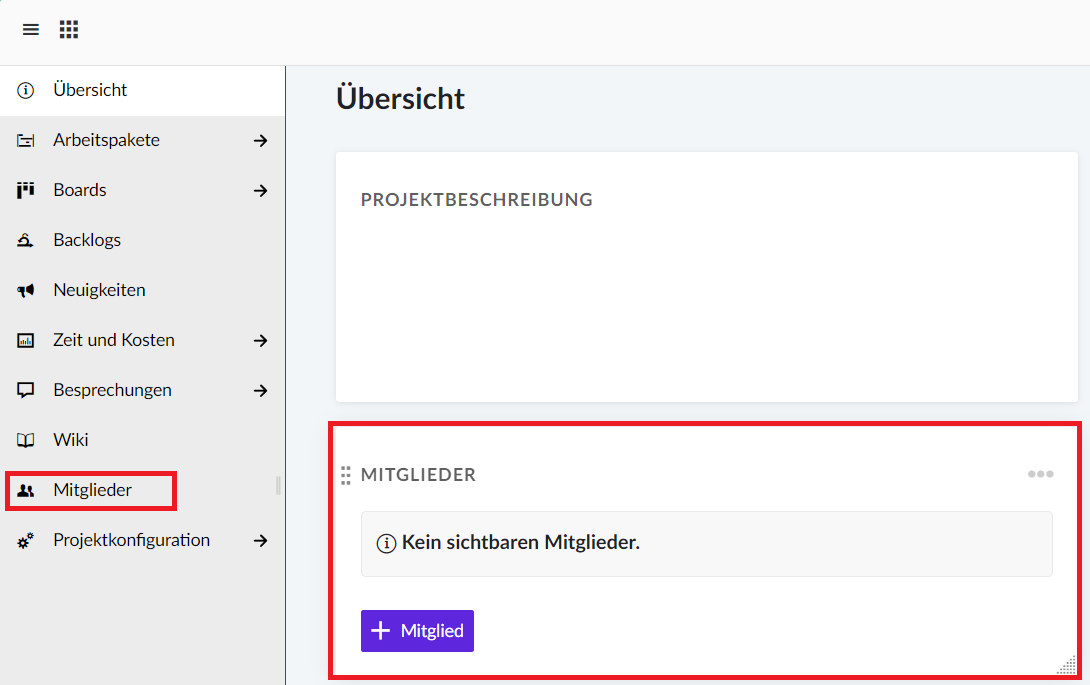 Übersichtseite eines Projektes