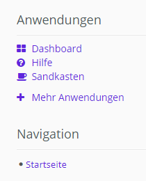 Die Seitenleiste mit den Überpunkten "Anwendungen" (einschließlich "Hilfe") und "Navigation"