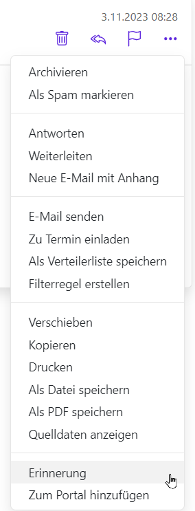 Der Punkt "Erinnerung" im Dropdown-Menü "Weitere Aktionen"