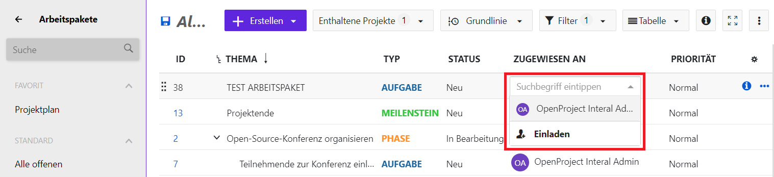 Einladen aus Arbeitspaket