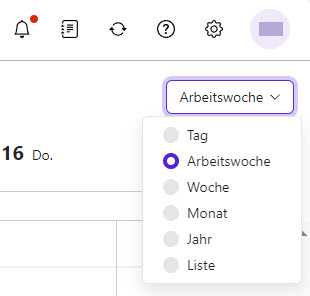 Kalender-Ansichtsauswahl- Arbeitswoche ist ausgewählt