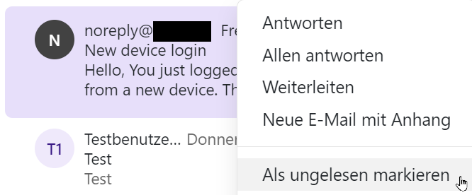 Als ungelesen markieren über das Dropdown-Menü (E-Mail-Liste)