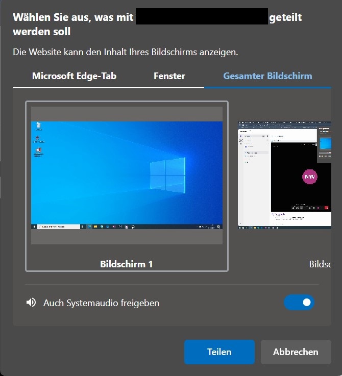Auswahlfenster für die Bildschirmfreigabe