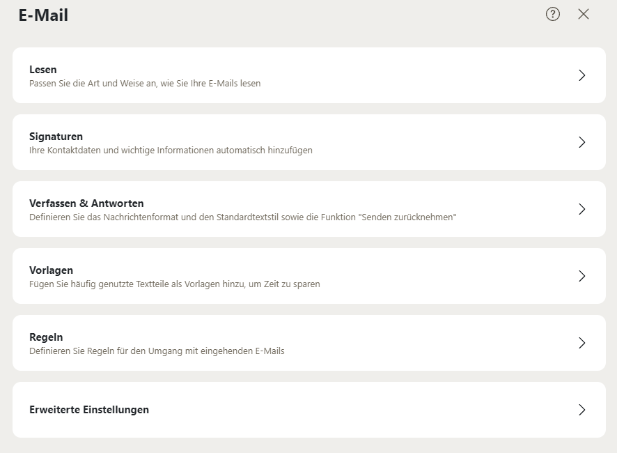 Eine Übersicht über alle Reiter der E-Mail-Unterseite in den Einstellungen