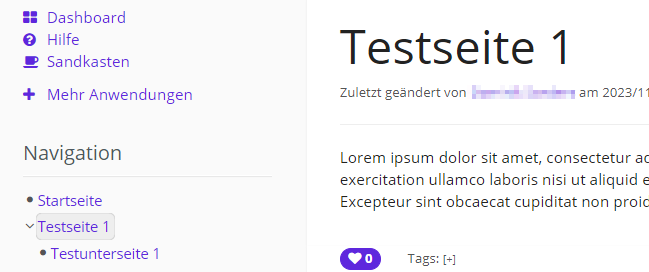 Testseite 1 ist geöffnet