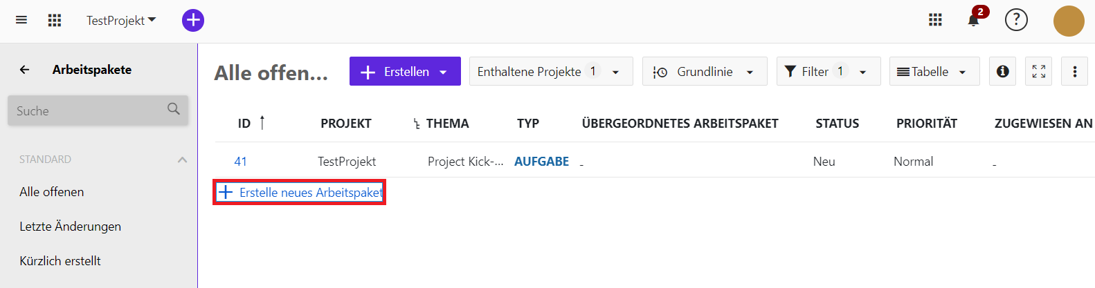 Erstellen neues Arbeitspaket